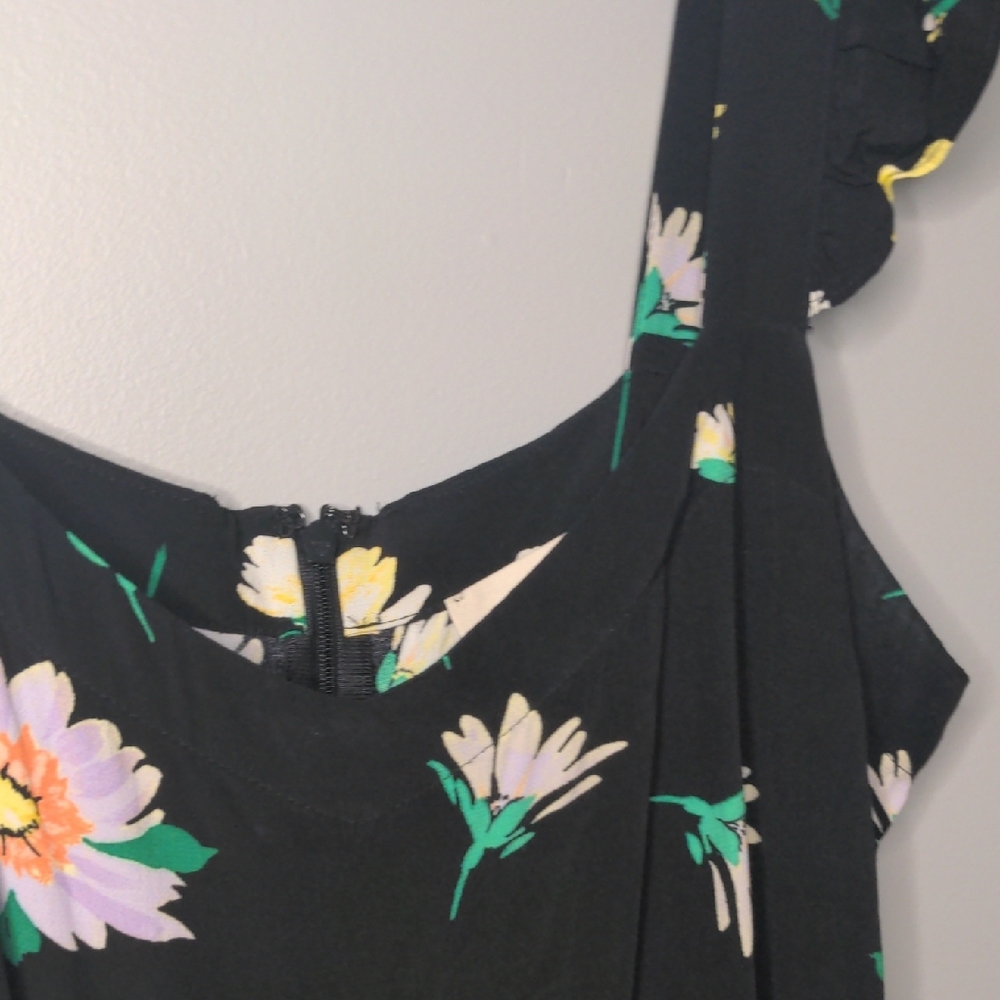 EUC✨LOFT black sleeveless midi dress with ruffled straps & yellow flowers - Picture 10 of 17
